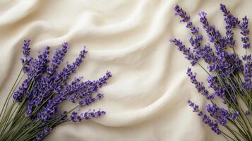 Sprigs of lavender arranged on a beige fabric background photo