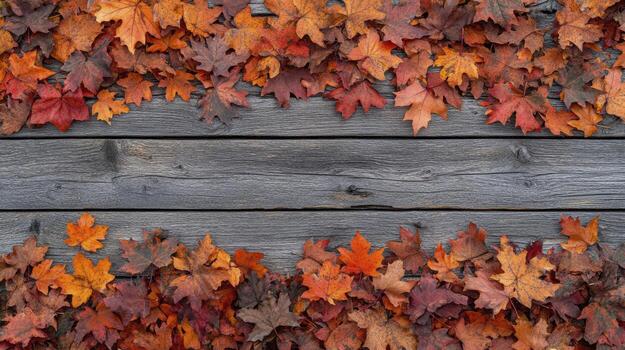 Vibrant orange and red maple leaves forming a frame on rustic wood photo
