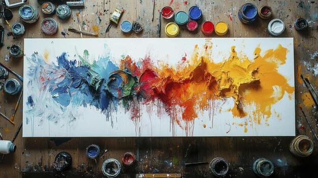 Artist using thick oil paint creating abstract colorful painting photo