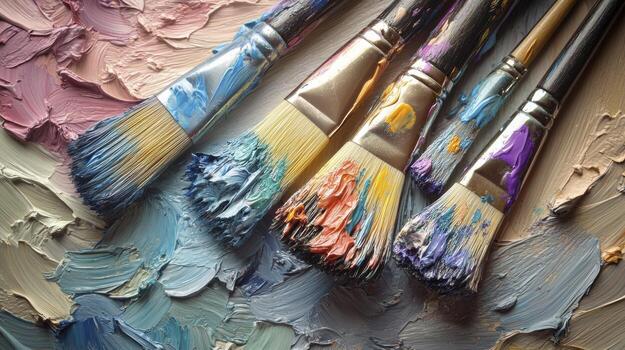 Paintbrushes covered in colorful oil paint resting on artist's palette photo