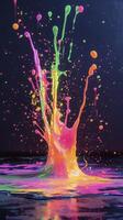 Colorful neon paint splashing on dark surface photo