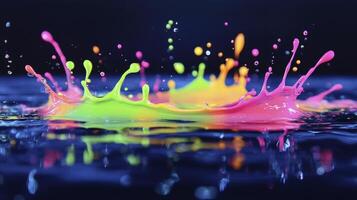 Colorful neon paint splashing on dark water surface photo