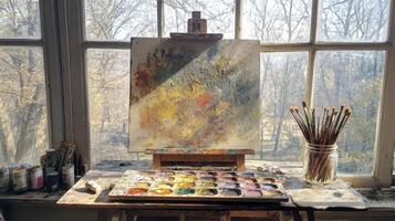 Artist palette covered in mixed paints and brushes in front of window photo