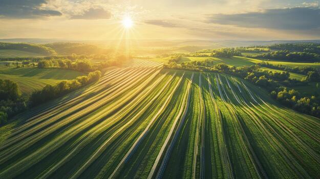 Sun shining over a vast field of crops growing in rows at sunset photo