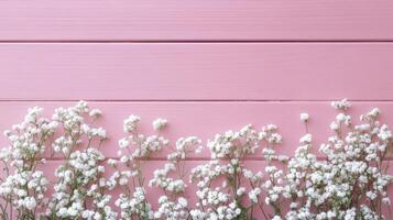 Delicate white baby's breath flowers forming a bottom border on a pink wooden background photo