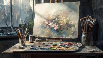 Artist palette covered with colorful oil paints and brushes in an art studio photo