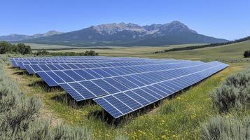 Solar panel array generating clean energy in mountain meadow photo