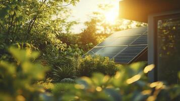 Solar panels installed on a rooftop generating green energy photo