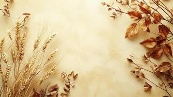 Dry wheat sprigs and brown leaves forming a frame on a beige background photo