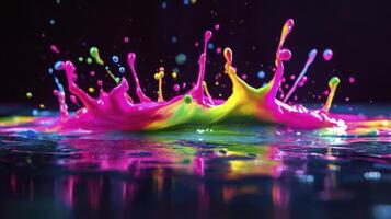 Colorful paint splashing on dark surface creating rainbow reflection photo