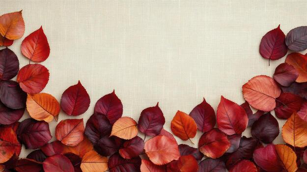 Autumn leaves border creating copy space on linen background photo