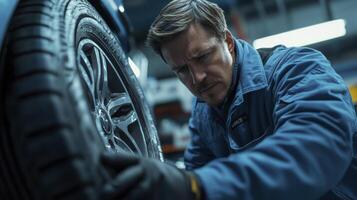Auto mechanic carefully aligning a car wheel in a service garage photo