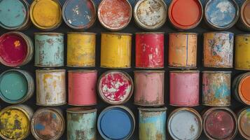 Collection of colorful paint cans showing their age photo