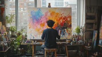 Male artist painting large colorful abstract artwork in his studio photo