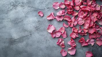 Pink rose petals forming a border on a textured gray background photo