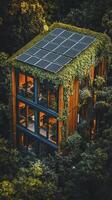 Modern eco friendly home using solar energy in the forest photo