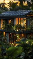 Modern eco friendly home generating power at sunset with solar panels on rooftop photo