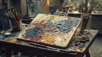 Artist palette covered with colorful oil paints and paintbrushes photo