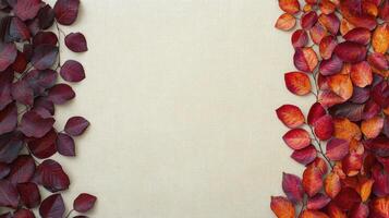 Autumn leaves creating a colorful border on beige linen background photo