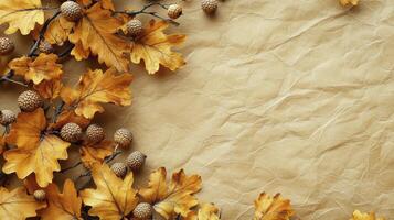 Golden yellow oak leaves and acorns forming a border on crumpled paper photo