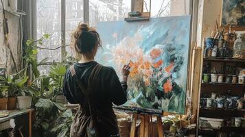Female artist painting flowers on large canvas in sunny art studio photo
