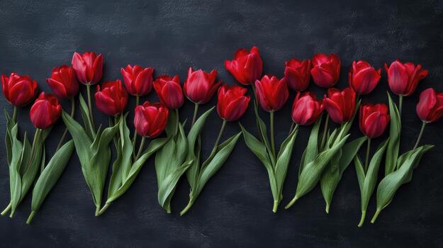 Row of red tulips lying on a dark textured surface photo