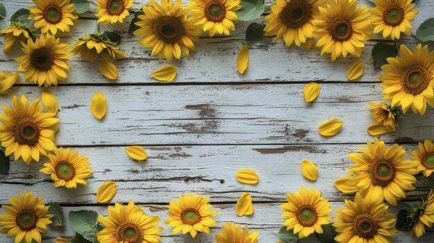 Sunflowers forming frame border on white rustic wooden background photo