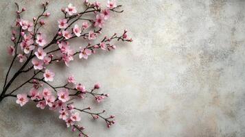 Delicate pink cherry blossoms on rustic background with copy space photo