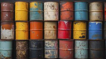 Collection of colorful worn paint cans forming a colorful background photo
