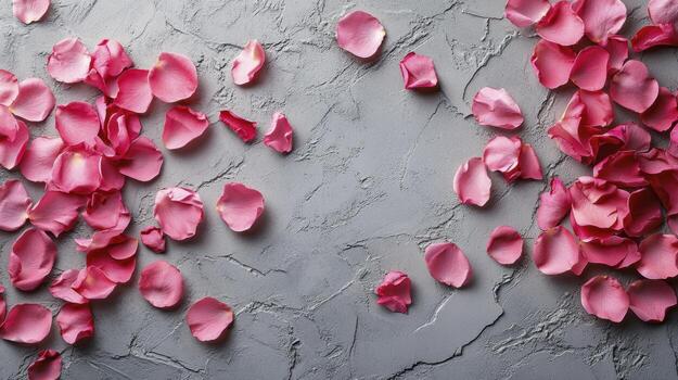 Pink rose petals forming a frame on grey concrete background photo