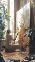 Female artist painting large abstract canvas in her art studio photo