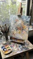 Artist palette resting on table with colorful paint splatters in art studio photo