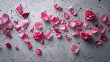 Pink rose petals forming a line on a textured grey background photo