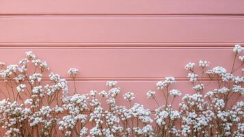 Delicate white flowers creating a border on pink wooden background photo