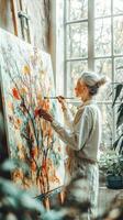 Female artist painting abstract artwork in her bright studio photo