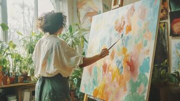 Female artist painting abstract artwork on canvas using paintbrush in art studio photo