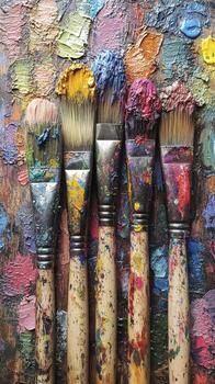 Group of colorful paintbrushes resting on a wooden palette photo