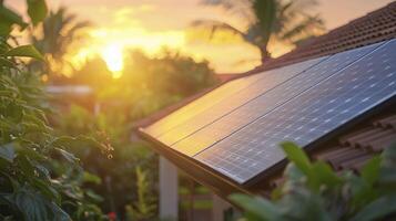 Solar panels catching the last light of day on a residential rooftop photo