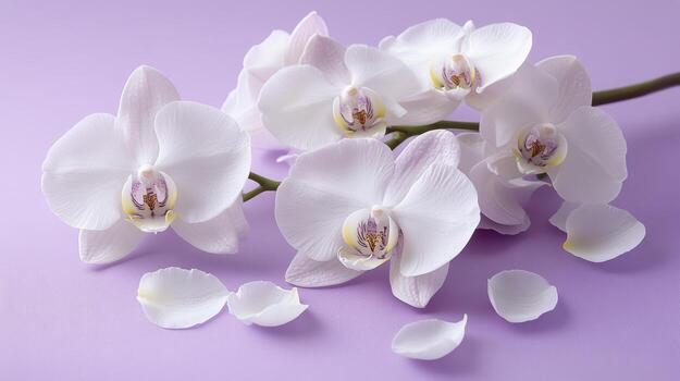Branch of white and pink orchids lying on a pastel purple background photo