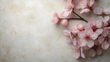 Delicate pink cherry blossoms forming spring border on textured background photo