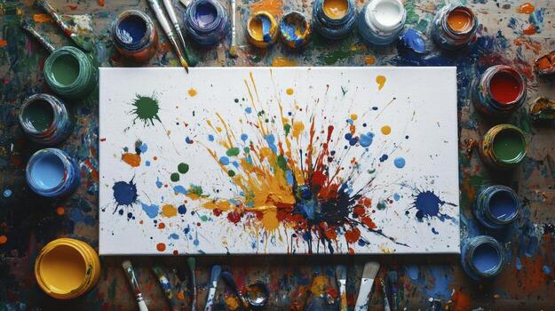 Artist creating colorful abstract painting using splatter technique photo