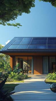 Modern house with solar panels is using green energy on sunny day photo