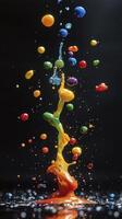 Splashing colorful paint drops on black background photo
