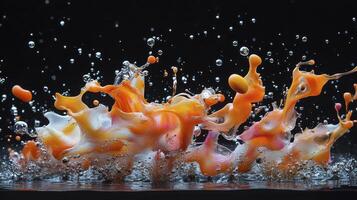 Multicolored paint splashing in water on black background photo