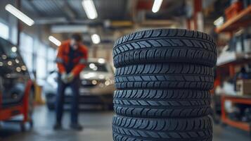 Mechanic changing winter tires in a car repair shop photo