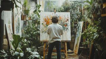 Artist painting on large canvas in lush green art studio photo