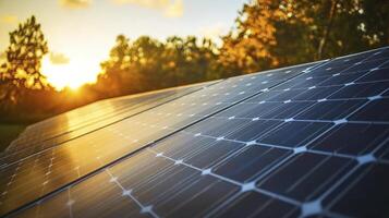 Solar panels converting sunlight into renewable energy at sunset photo