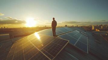 Engineer standing on rooftop covered by solar panels at sunset photo