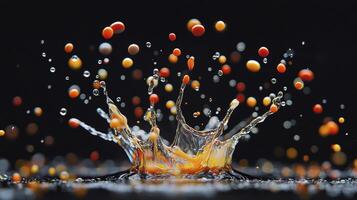 Colorful water splashing on black background with falling drops photo