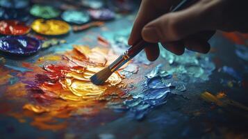 Artist holding paintbrush creating abstract oil painting photo